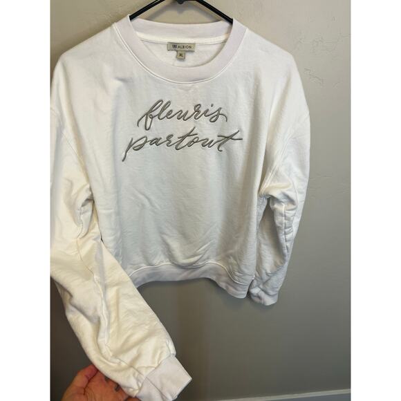 Albion Fit XL White Crewneck Sweatshirt French Embroidery Cotton Top - Picture 5 of 8